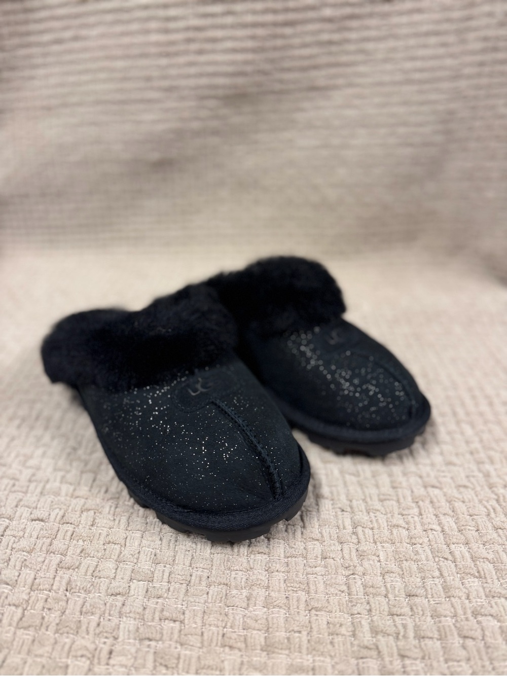 UGG Black Sparkle Faux-Fur Cuff Slip-On Slippers